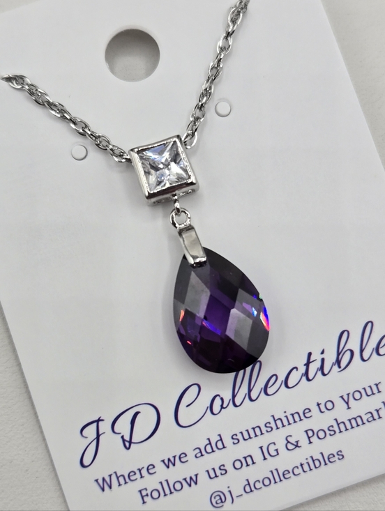 Swarovski Crystal Elements Silver Teardrop Necklace Purple Amethyst 18-20 inch - Picture 2 of 7
